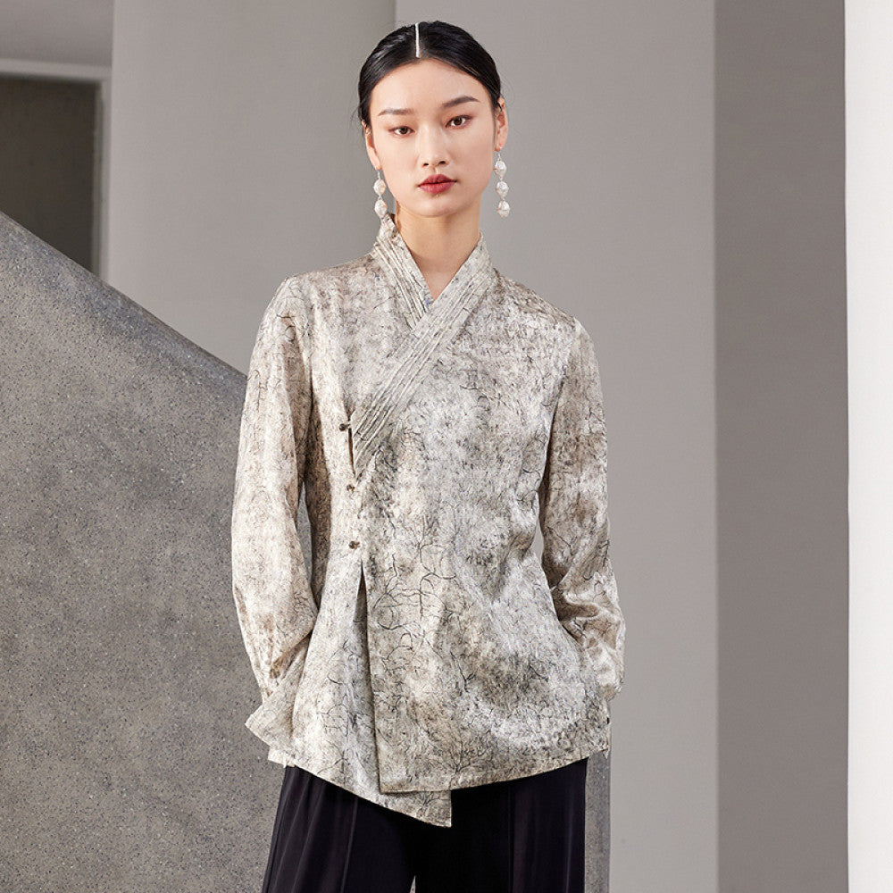 Original innovative Chinese Hanfu collar with acetic acid slimming and versatile long sleeved waist cinched shirt top J42C252 image 9