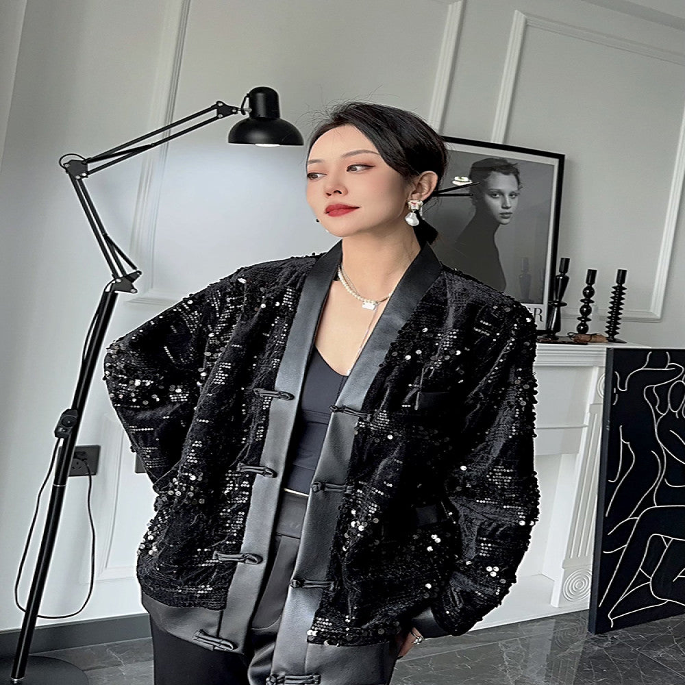 Dongjia jacket women s net red hot style sequined black high end top women s unique long sleeved retro Chinese style cardigan image 0