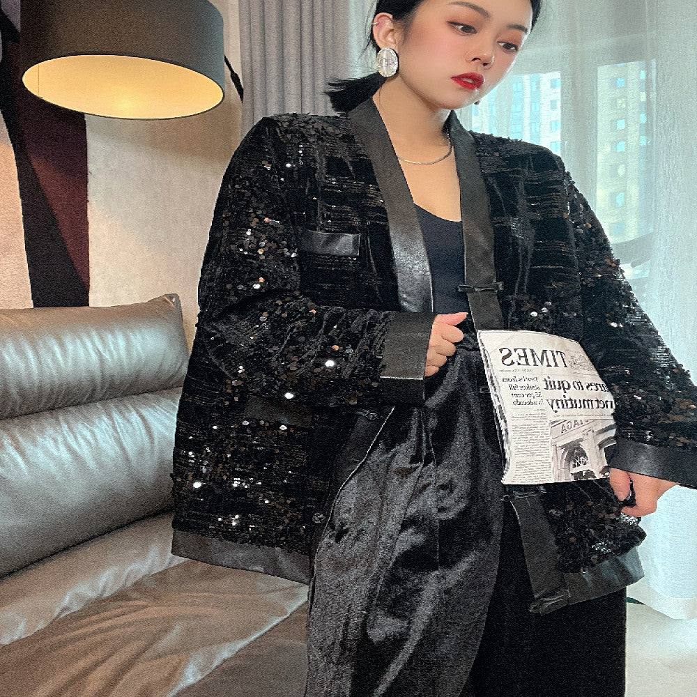 Dongjia jacket women s net red hot style sequined black high end top women s unique long sleeved retro Chinese style cardigan image 12
