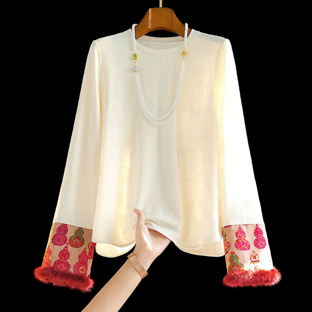 Mink fur new Chinese jacquard base long sleeved inner layer for autumn and winter new style light Chinese style beautiful and unique super good looking top image 7