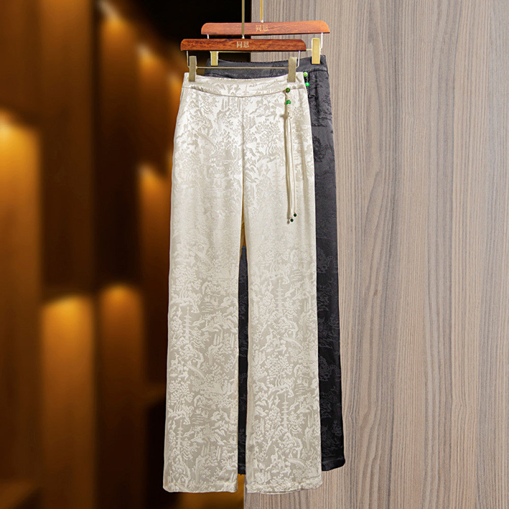 Tencel jacquard retro straight wide leg pants women s 2024 new waist national style new Chinese style all match casual pants trousers image 0