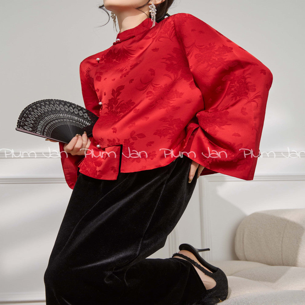 Plum Jan Unique and beautiful red new Chinese style shirt women s engagement dress popular autumn and winter tops image 0