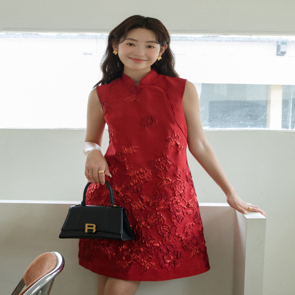 Customized Rose Jacquard Three Dimensional Relief Cheongsam New Chinese Style Natal Red Skirt 2881 image 1