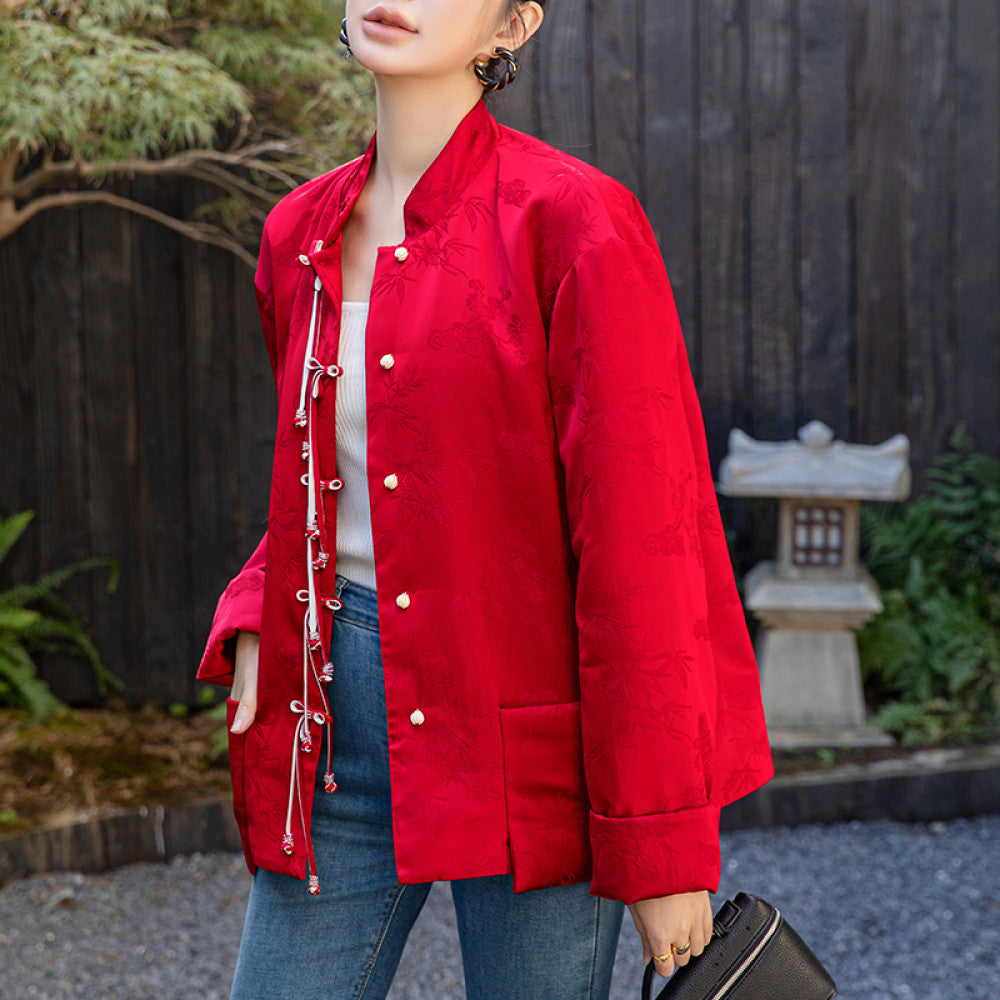 Red New Chinese style Acetic Acid National Style Cotton Coat Cotton Robe Women s Autumn and Winter New Style Improved Pan Button National Style Cotton Jacket Top image 10