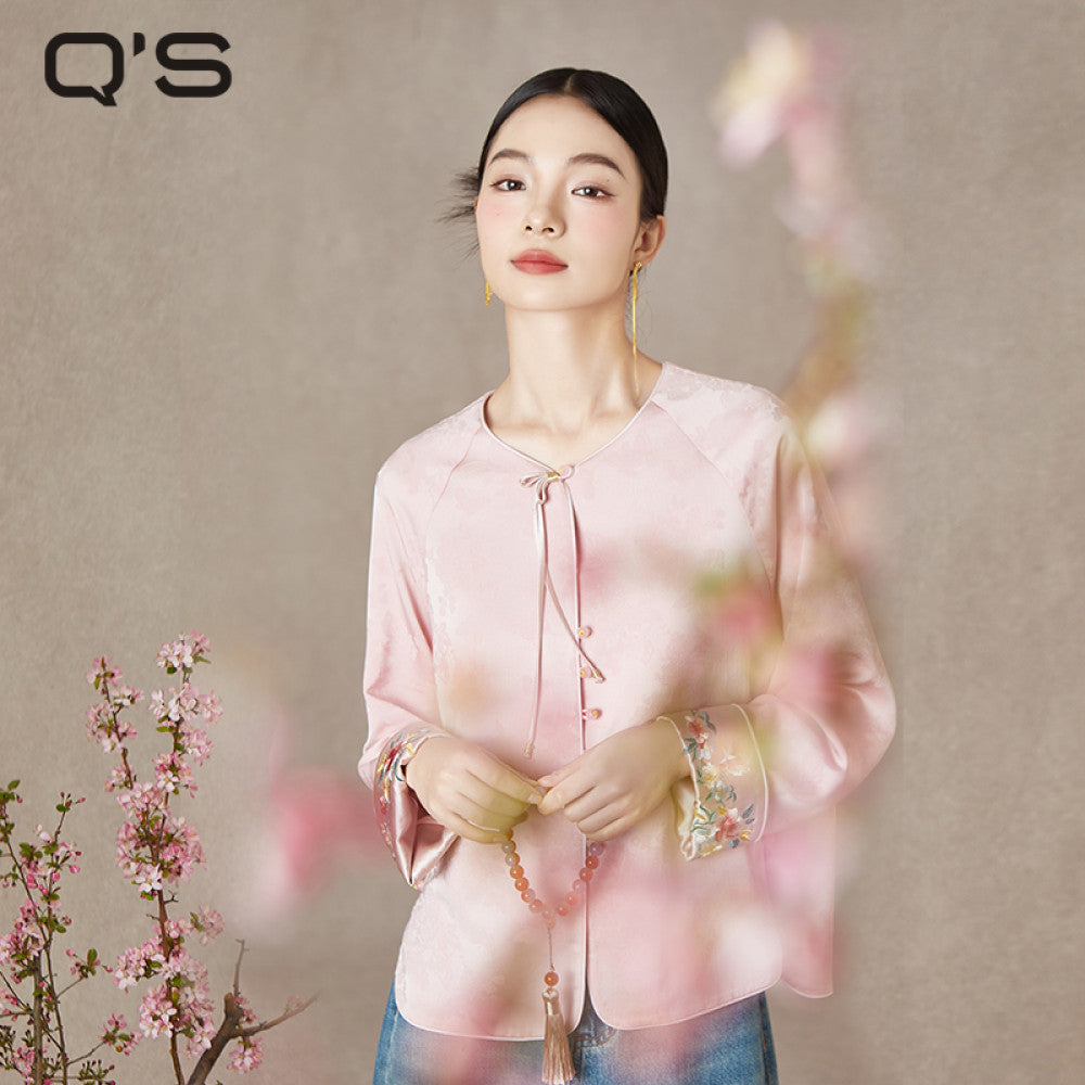 QS straw Xi Spring and Autumn new style improved Chinese style round neck jacket jacquard handmade buckle slimming embroidered top image 11