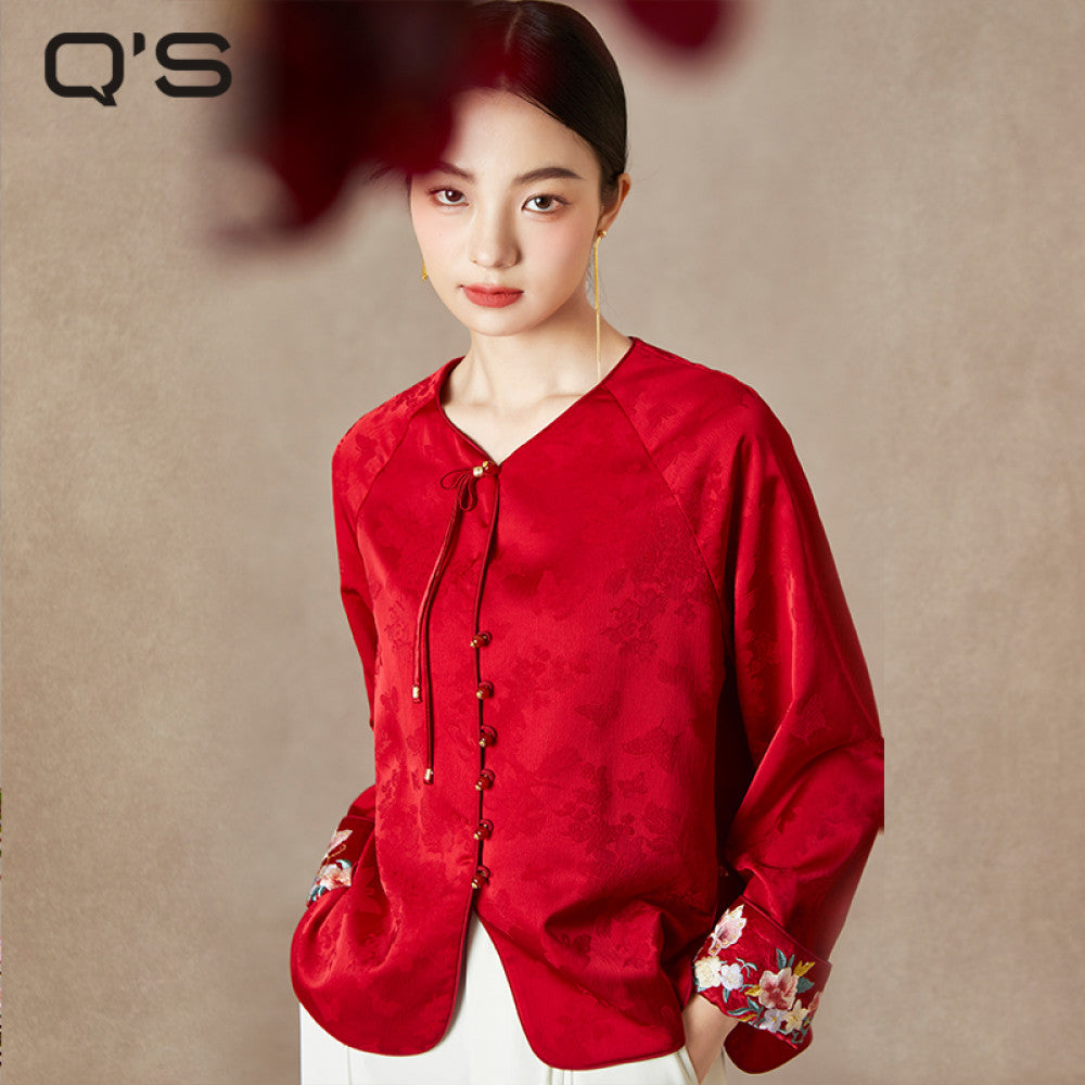 QS straw Xi Spring and Autumn new style improved Chinese style round neck jacket jacquard handmade buckle slimming embroidered top image 17