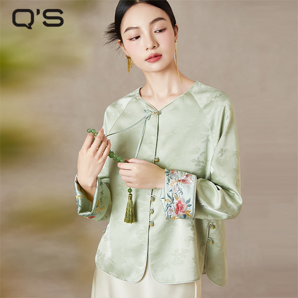 QS straw Xi Spring and Autumn new style improved Chinese style round neck jacket jacquard handmade buckle slimming embroidered top image 27