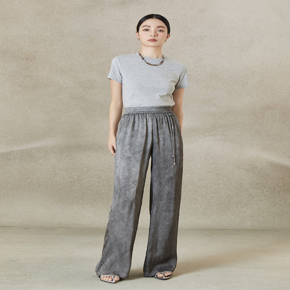 QS Jiexi summer new improved light national style wide leg casual pants hand knotted elastic slim jacquard trousers image 3
