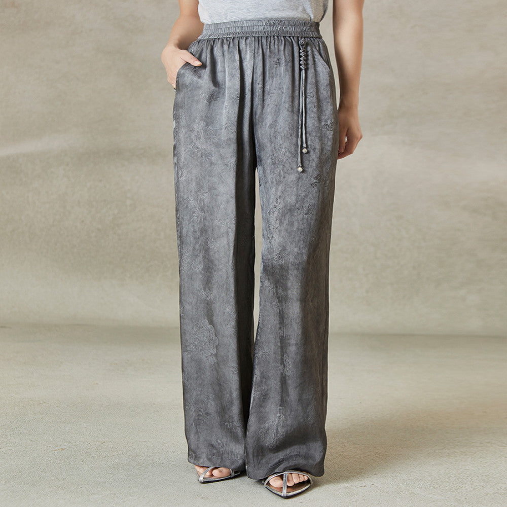 QS Jiexi summer new improved light national style wide leg casual pants hand knotted elastic slim jacquard trousers image 4