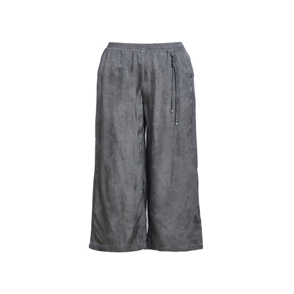 QS Jiexi summer new improved light national style wide leg casual pants hand knotted elastic slim jacquard trousers image 5