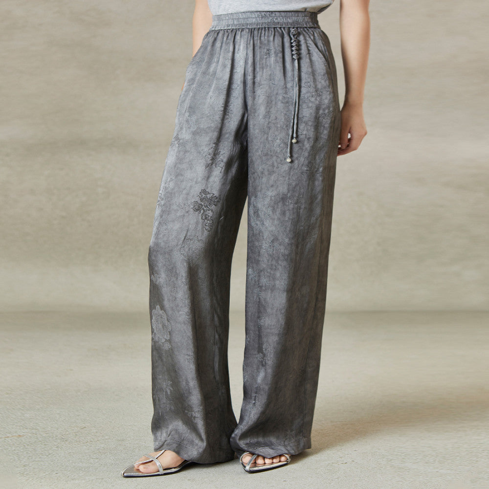 QS Jiexi summer new improved light national style wide leg casual pants hand knotted elastic slim jacquard trousers image 0