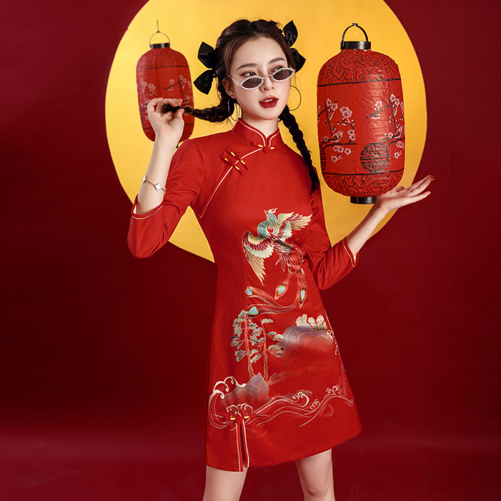 Red cheongsam 2025 new improved national tide female toast dress bride long sleeve festive Chinese style women s clothing Phoenix image 13