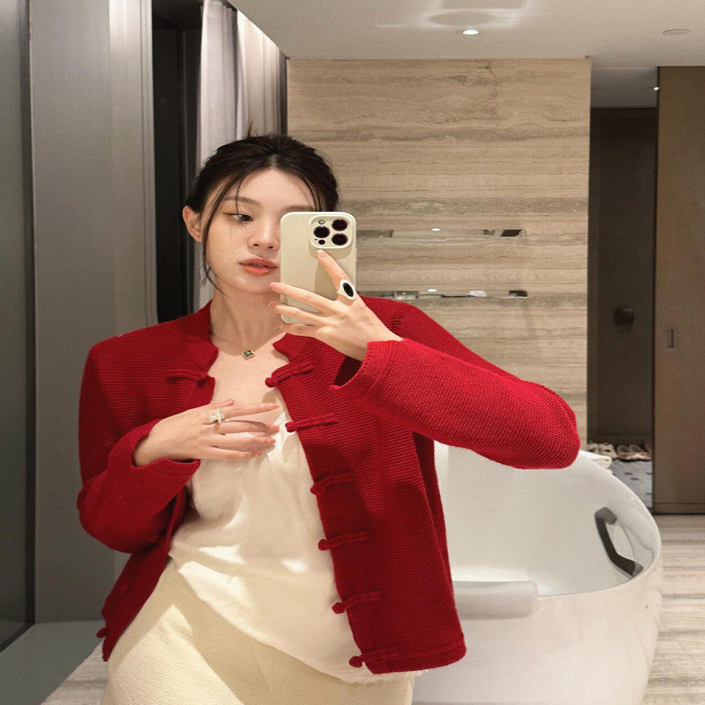 New Chinese style women s clothing 2025 new knitted cardigan buttoned top New Year s battle robe red jacket female autumn and winter image 11