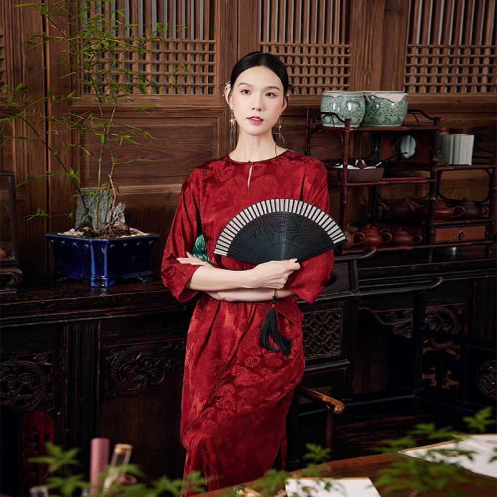 Mo Yu Zhu Yi Summer Chinese style new improved temperament round neck jacquard satin red dress image 10