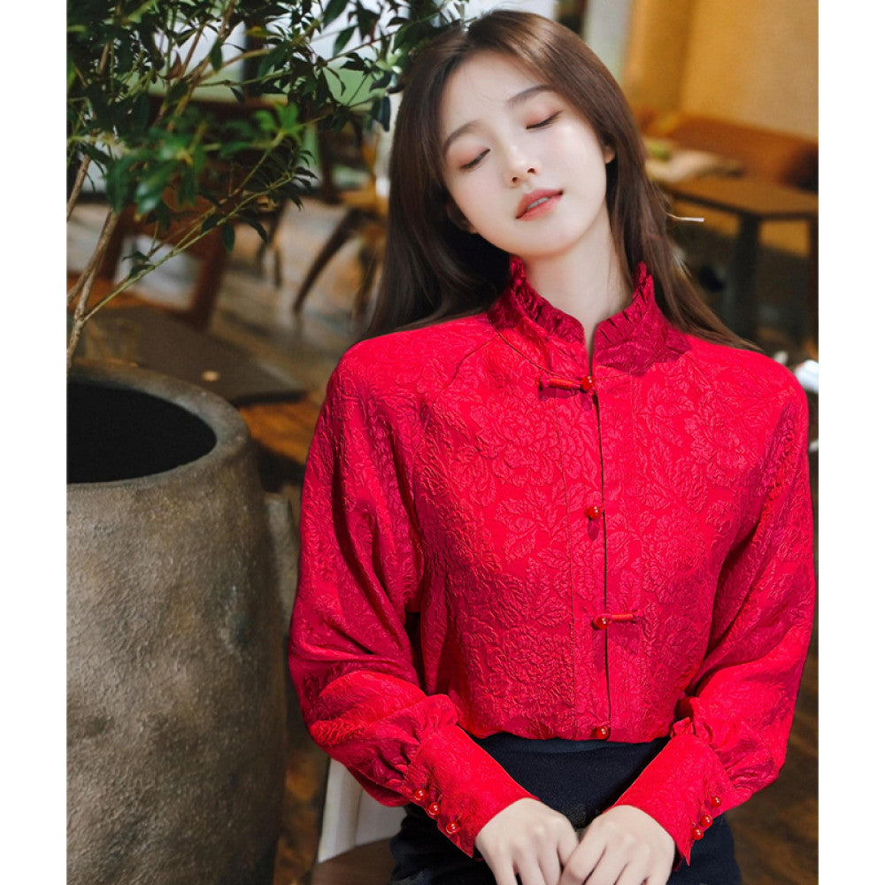 New Year s Red 00 Silk Crown Crepe New Chinese Shirt Chinese Style Top Women s Early Spring Three Dimensional Embossed Shirt image 10