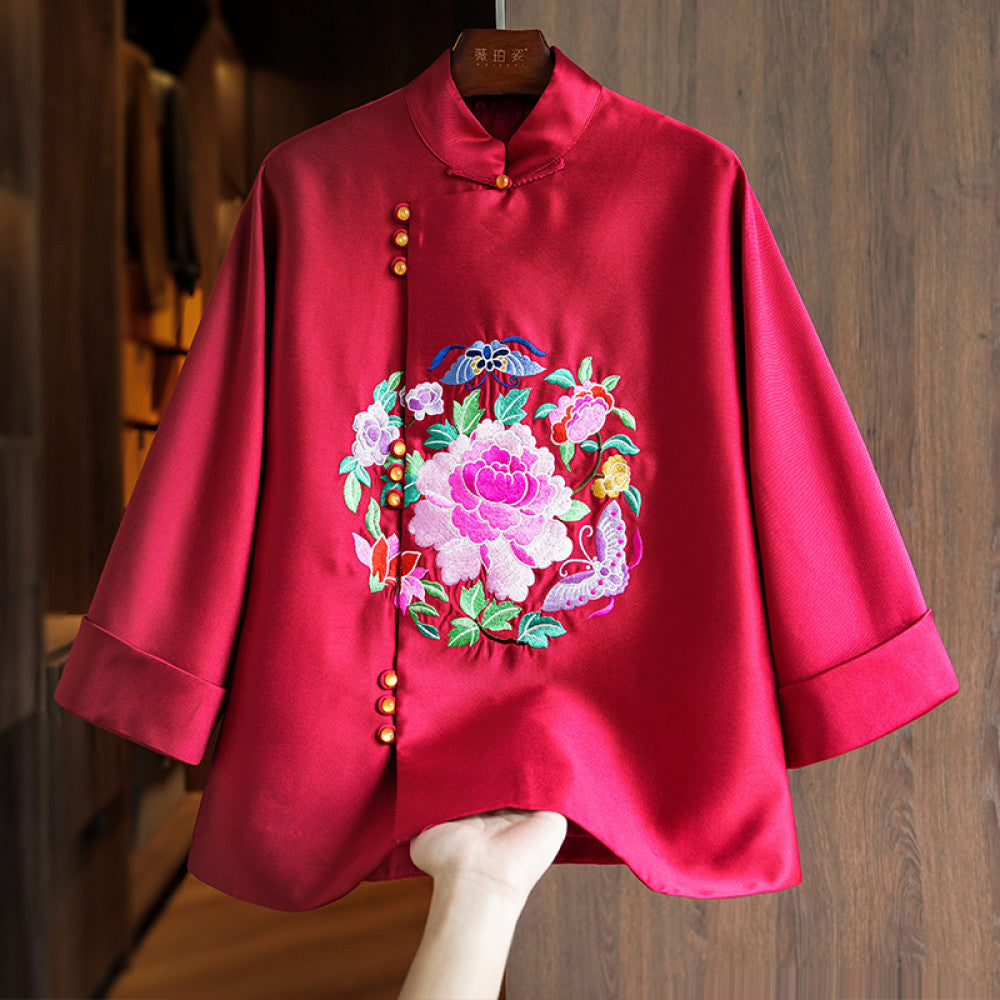 New Year red silk wool jacket for women spring and autumn style unique and beautiful heavy duty national trend embroidery new Chinese style top image 9
