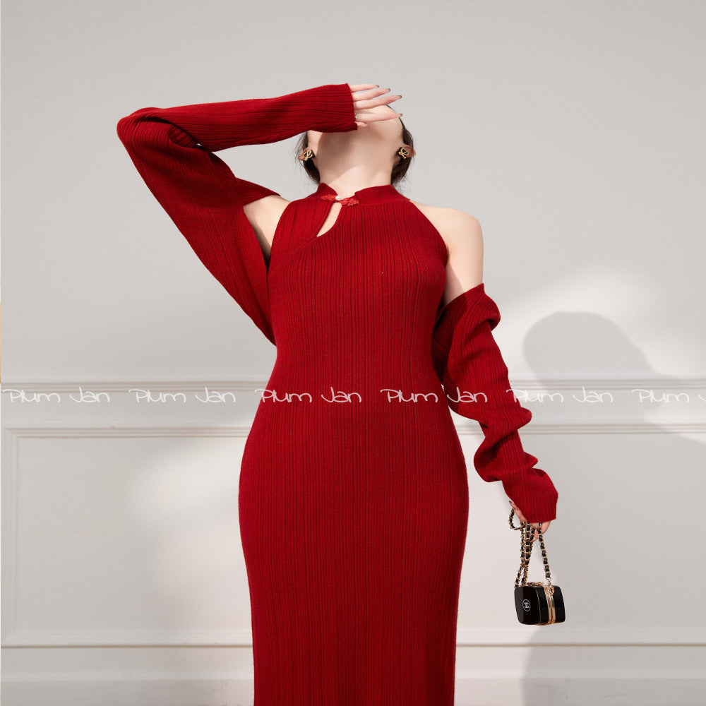 Plum Jan returning brides can usually wear two piece dresses red cheongsam buttoned knitted spring and autumn image 19