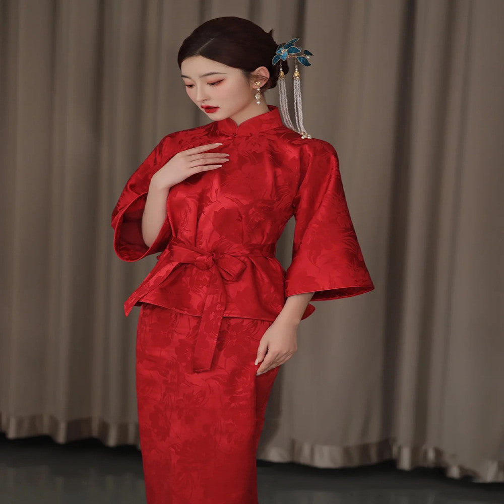 Chinese style jacquard red modified cheongsam top bride s wedding toast dress standing collar half skirt two piece set image 0