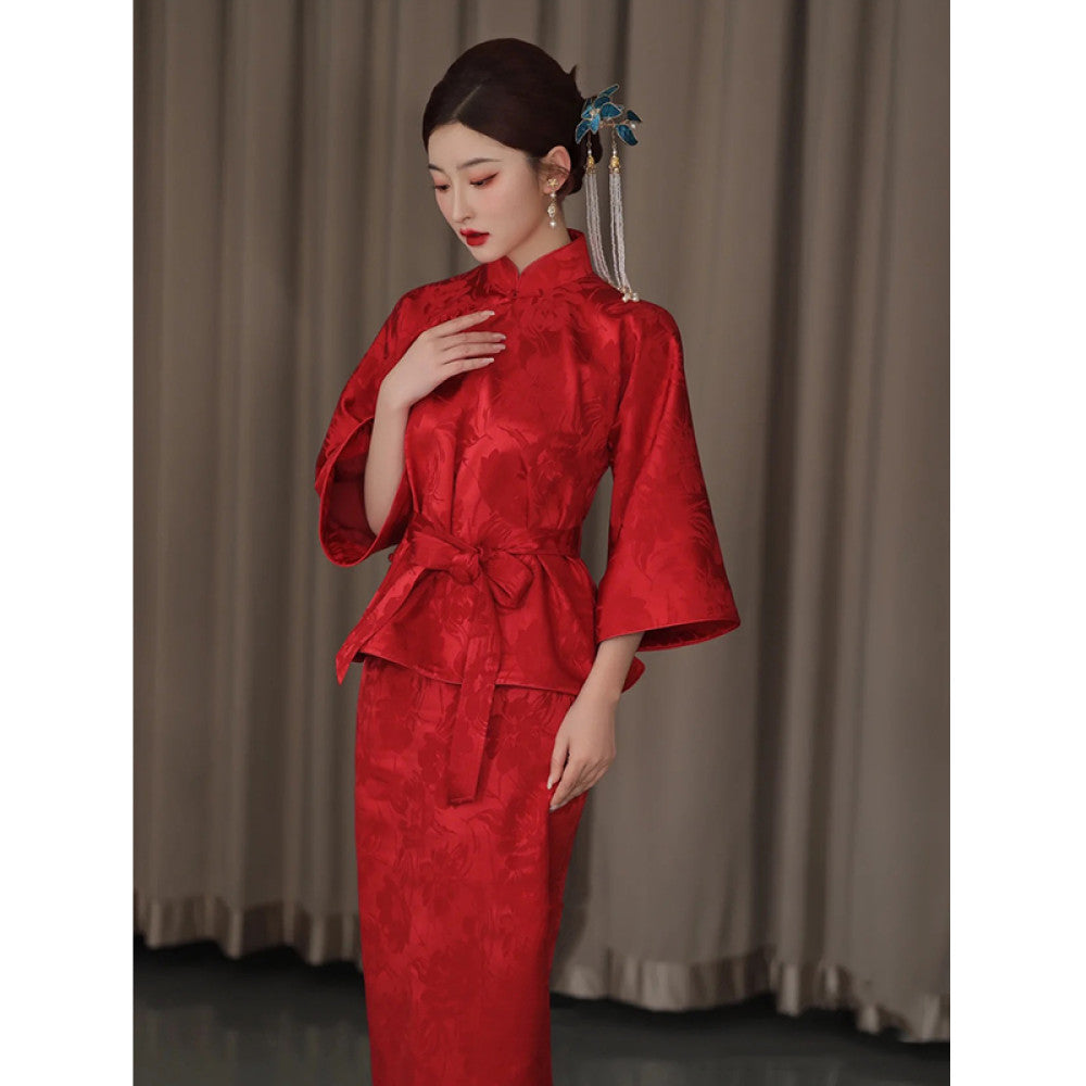 ASAYA4038: Elegant Red Jacquard Two-Piece Cheongsam Set ✨