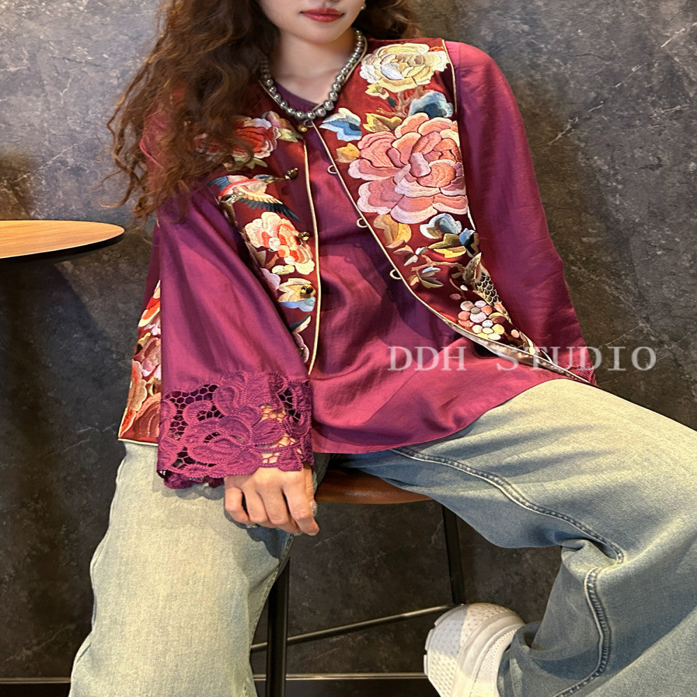 New Chinese style retro embroidery peony flower bird vest custom pearl buckle round neck vest for women in early spring image 2