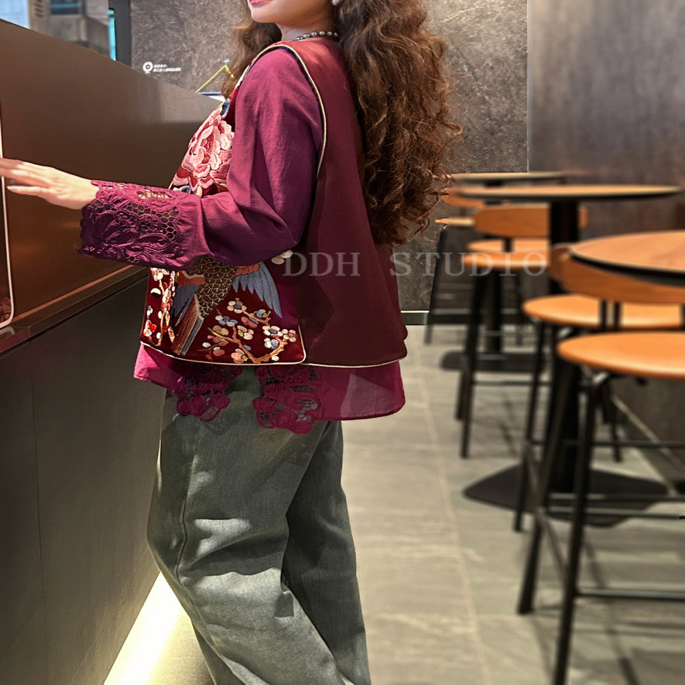 New Chinese style retro embroidery peony flower bird vest custom pearl buckle round neck vest for women in early spring image 3