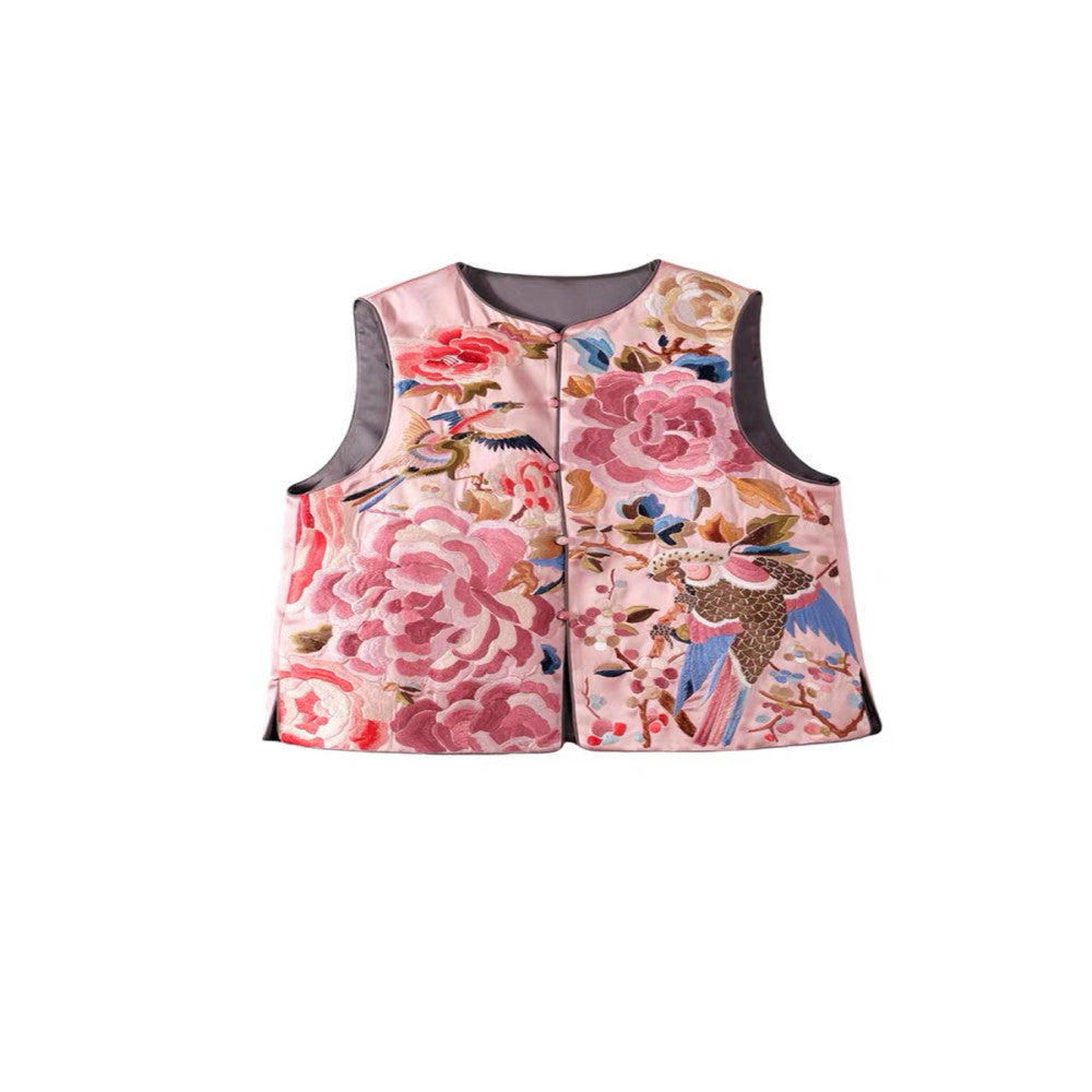 New Chinese style retro embroidery peony flower bird vest custom pearl buckle round neck vest for women in early spring image 13