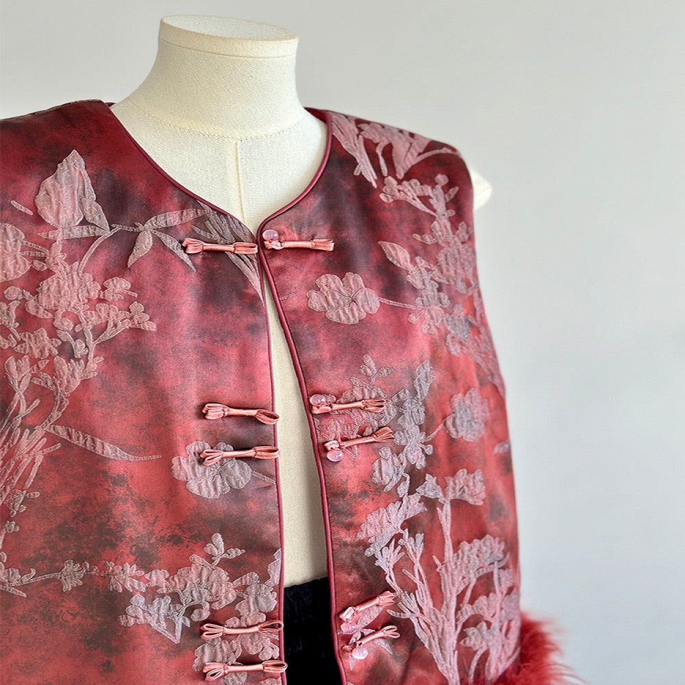 New Chinese style red high end cotton vest women s autumn and winter real fur temperament Chinese style round neck buckle vest image 2