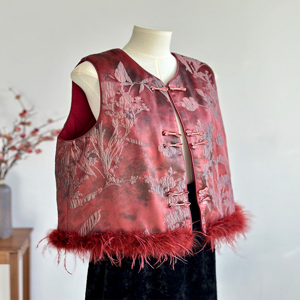 New Chinese style red high end cotton vest women s autumn and winter real fur temperament Chinese style round neck buckle vest image 3