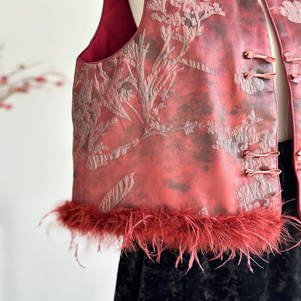 New Chinese style red high end cotton vest women s autumn and winter real fur temperament Chinese style round neck buckle vest image 4