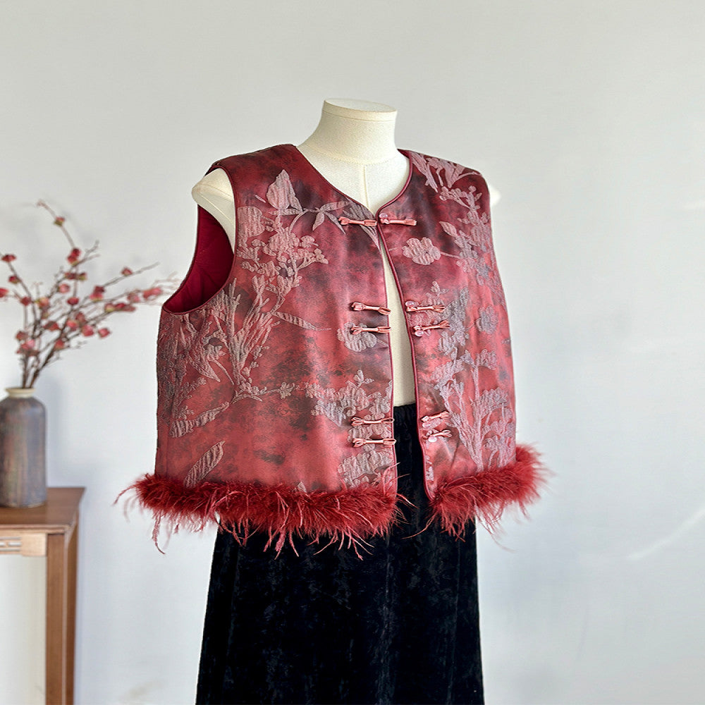 New Chinese style red high end cotton vest women s autumn and winter real fur temperament Chinese style round neck buckle vest image 5