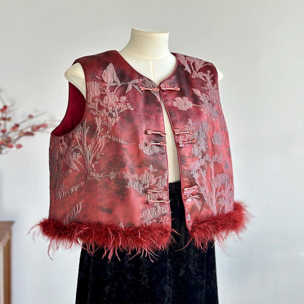 New Chinese style red high end cotton vest women s autumn and winter real fur temperament Chinese style round neck buckle vest image 7