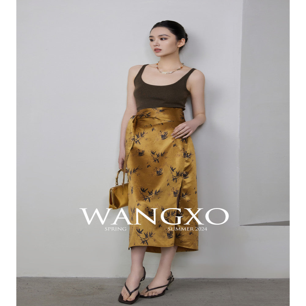 WANGXO Acetic Acid Texture Wrinkle Printing New Chinese Bamboo Leaf Pattern One Piece High Waist Strap Skirt image 2