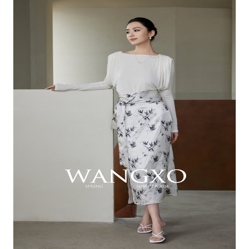 WANGXO Acetic Acid Texture Wrinkle Printing New Chinese Bamboo Leaf Pattern One Piece High Waist Strap Skirt image 3