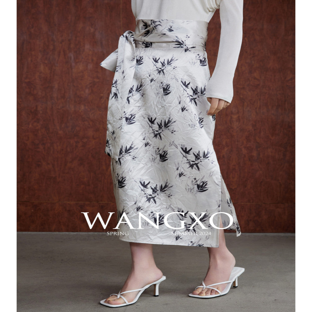 WANGXO Acetic Acid Texture Wrinkle Printing New Chinese Bamboo Leaf Pattern One Piece High Waist Strap Skirt image 4