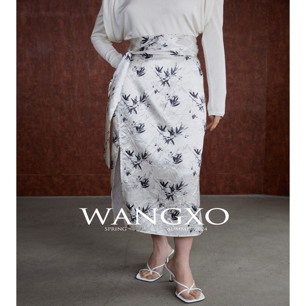 WANGXO Acetic Acid Texture Wrinkle Printing New Chinese Bamboo Leaf Pattern One Piece High Waist Strap Skirt image 5