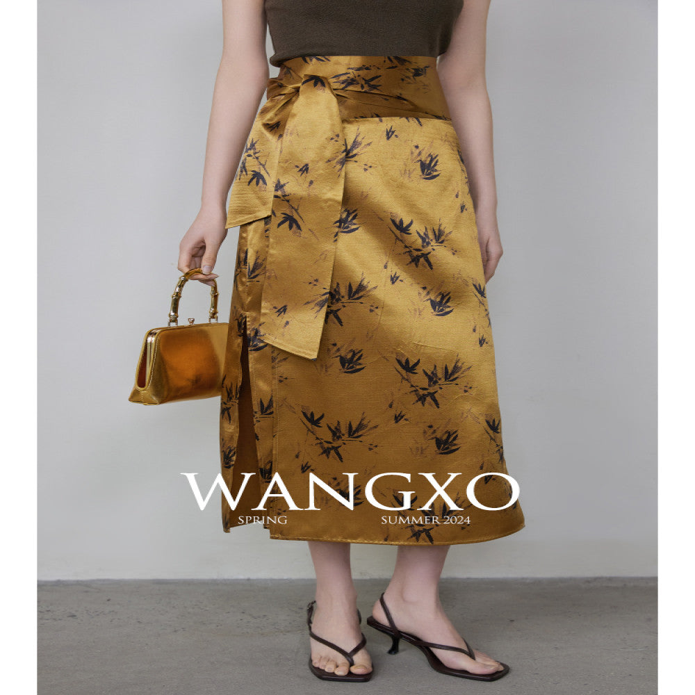 WANGXO Acetic Acid Texture Wrinkle Printing New Chinese Bamboo Leaf Pattern One Piece High Waist Strap Skirt image 0