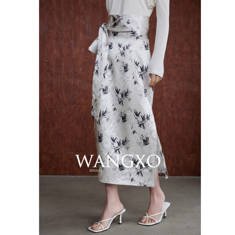 WANGXO Acetic Acid Texture Wrinkle Printing New Chinese Bamboo Leaf Pattern One Piece High Waist Strap Skirt image 8
