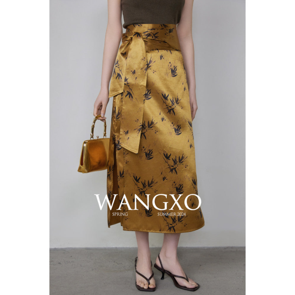 WANGXO Acetic Acid Texture Wrinkle Printing New Chinese Bamboo Leaf Pattern One Piece High Waist Strap Skirt image 17