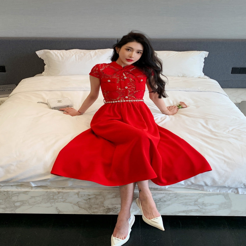 2025 Spring Lace Splicing Red New Chinese Wedding Christmas New Year Spring Festival Dress Long Skirt image 6