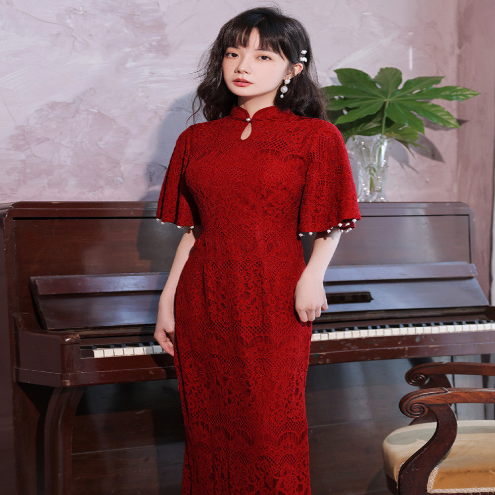 Qipao Toast Dress Bridal Chinese Improved Red Wedding and Engagement Dress Female Return Door Dress Lace Covered Arm image 4