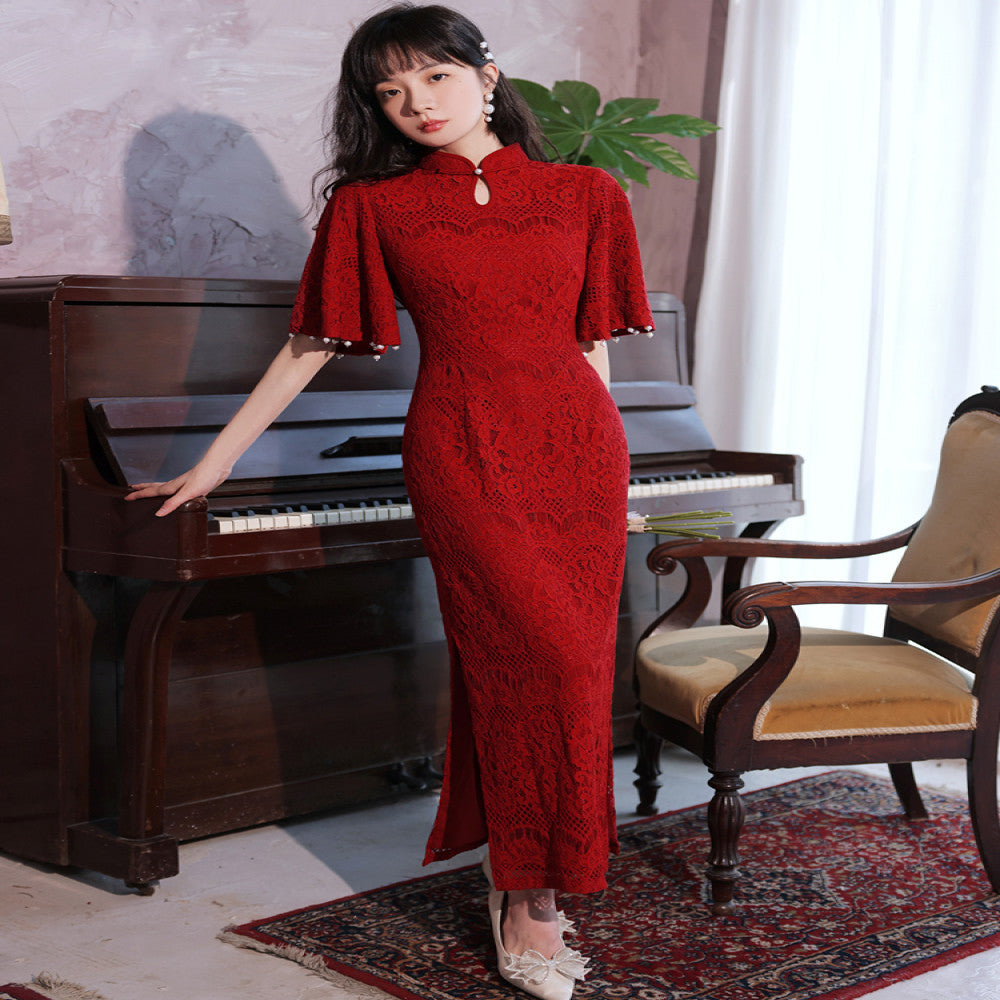 Qipao Toast Dress Bridal Chinese Improved Red Wedding and Engagement Dress Female Return Door Dress Lace Covered Arm image 5