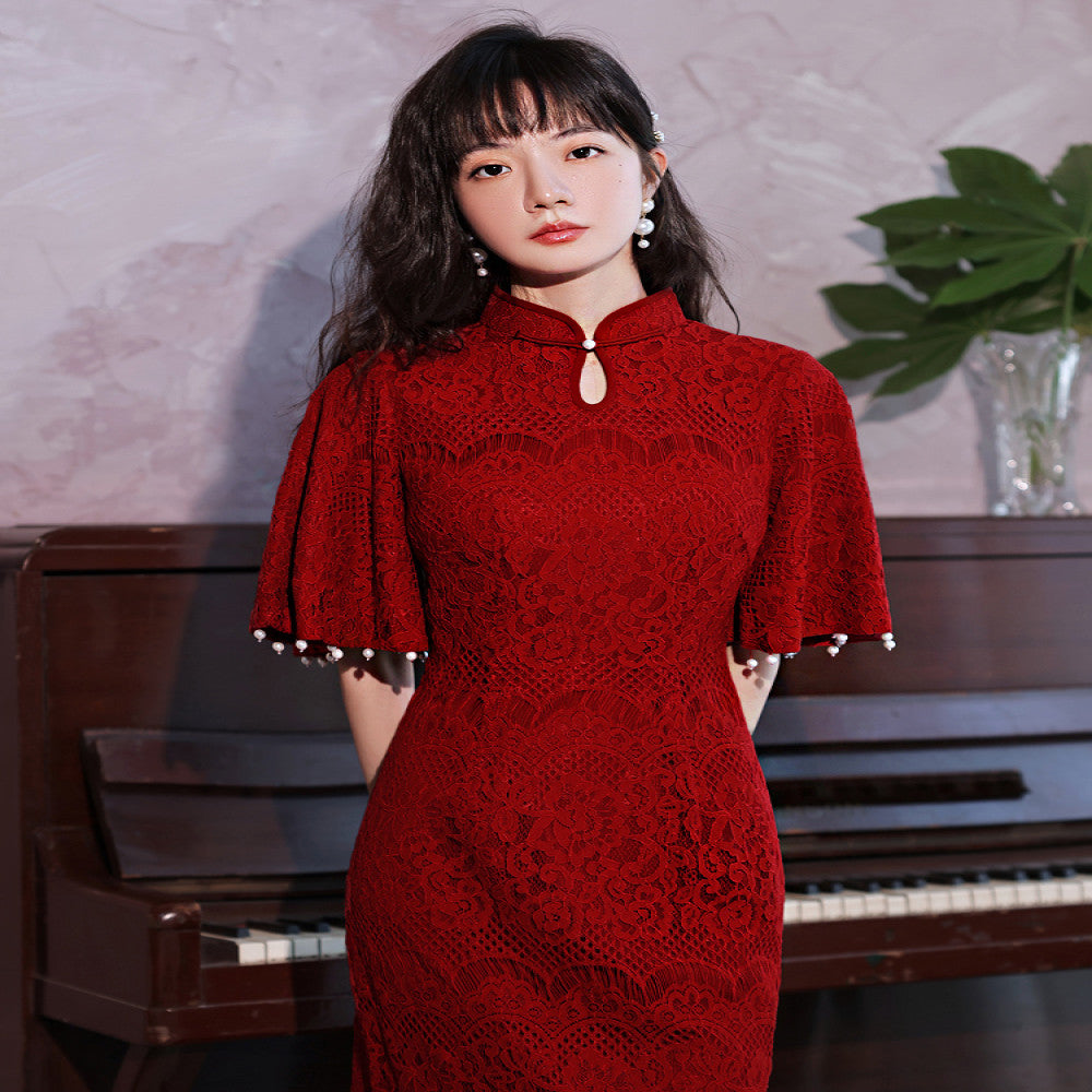 Qipao Toast Dress Bridal Chinese Improved Red Wedding and Engagement Dress Female Return Door Dress Lace Covered Arm image 0