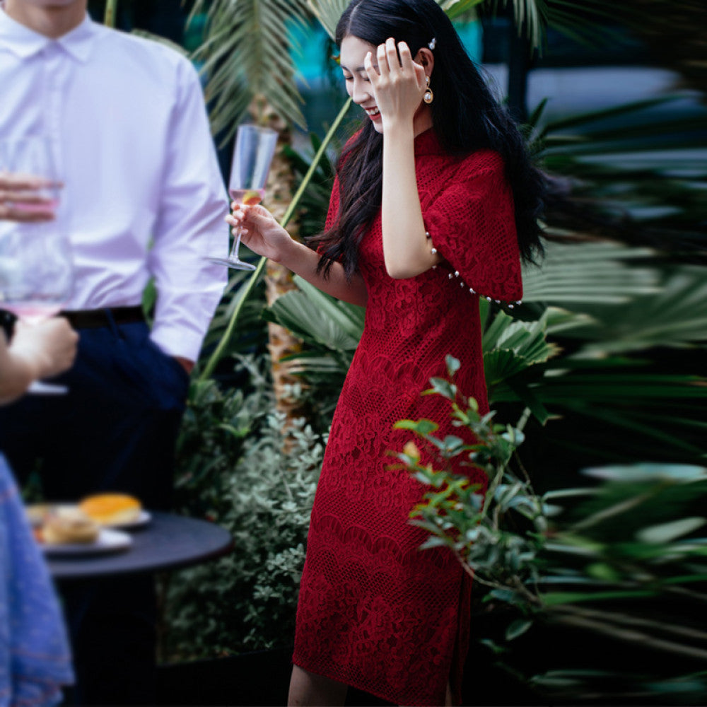 Qipao Toast Dress Bridal Chinese Improved Red Wedding and Engagement Dress Female Return Door Dress Lace Covered Arm image 9
