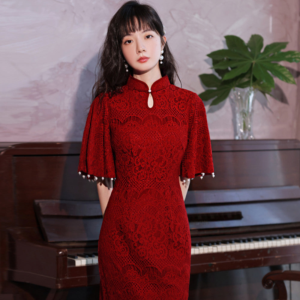 Qipao Toast Dress Bridal Chinese Improved Red Wedding and Engagement Dress Female Return Door Dress Lace Covered Arm image 20