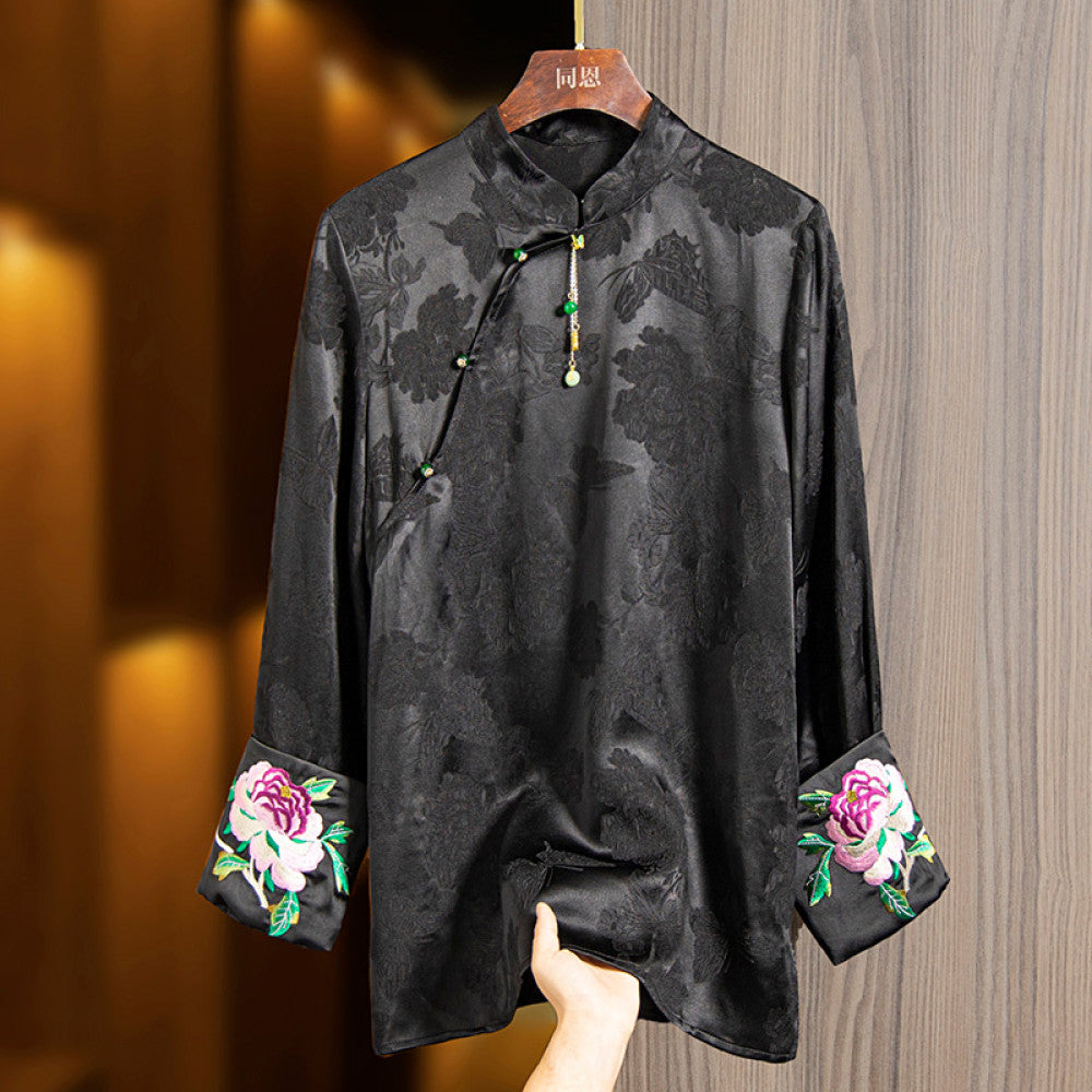 Red silk tops for women 2024 early spring new embroidery retro loose versatile national style new Chinese jacquard shirt image 15