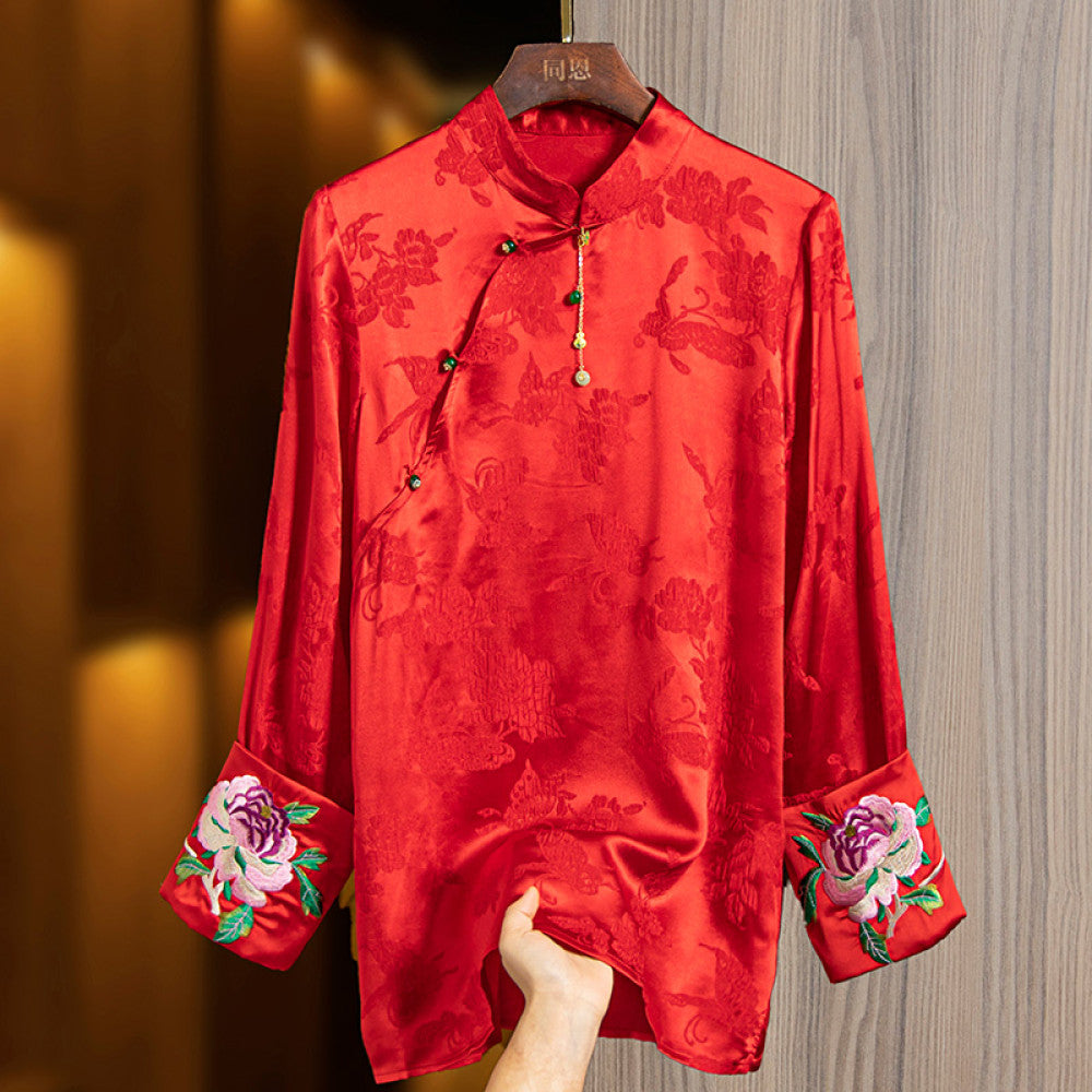 Red silk tops for women 2024 early spring new embroidery retro loose versatile national style new Chinese jacquard shirt image 23