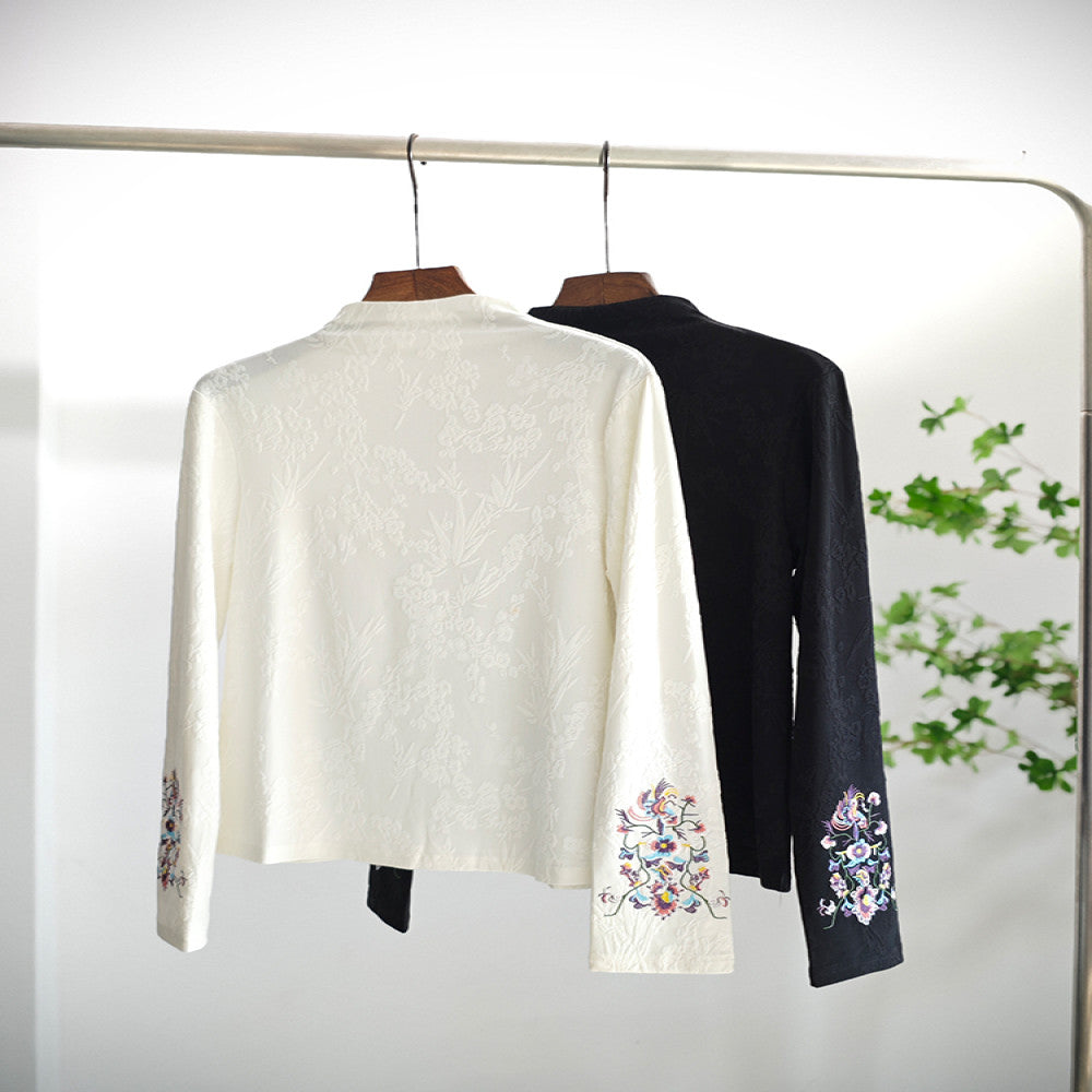 High end new Chinese style women s clothing embroidered top with Chinese style spring and autumn half high neck loose and thin velvet style long sleeved bottom shirt for women image 8