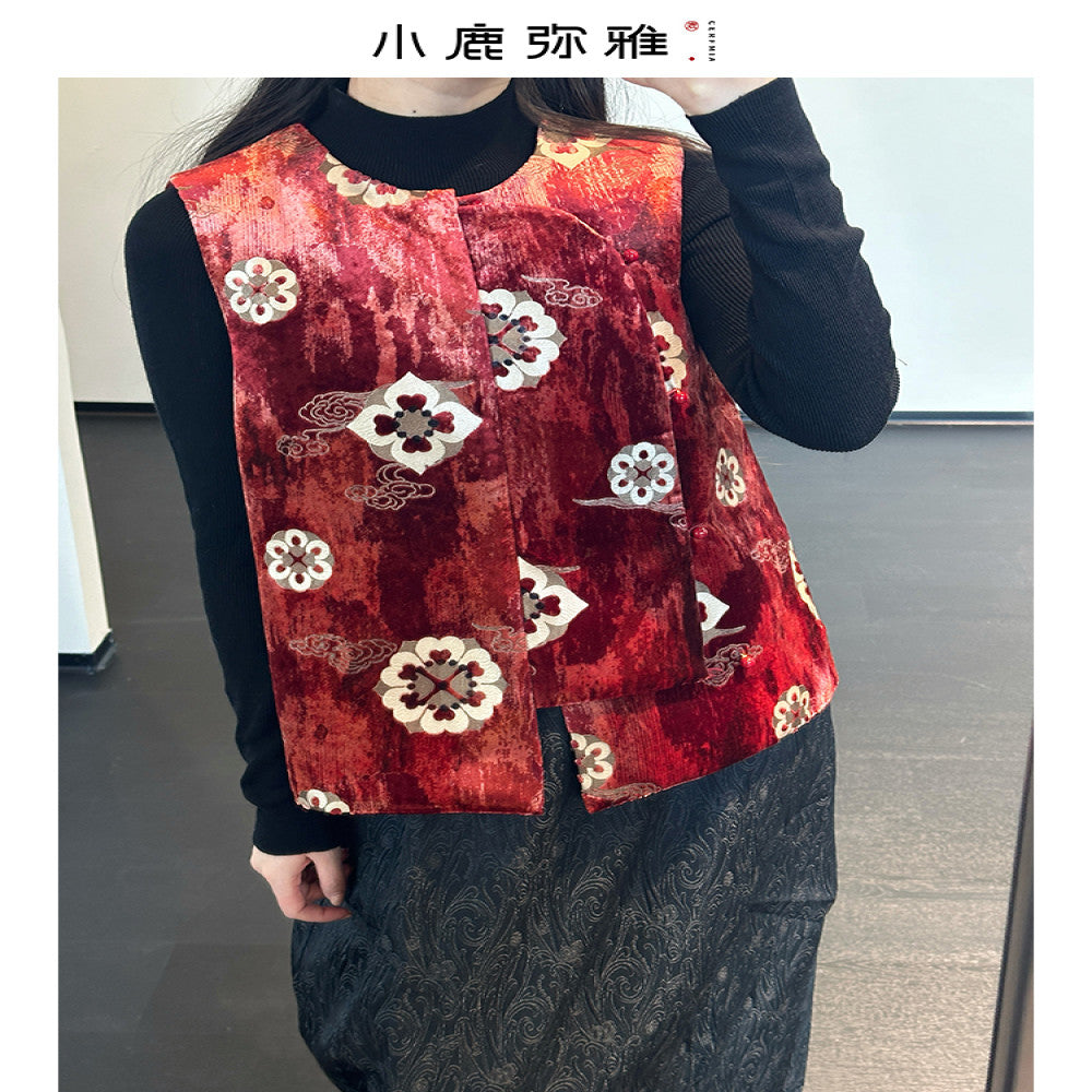 Xiaolu Miya Bao Xiang series new Chinese style red velvet round collar padded vest autumn and winter image 1