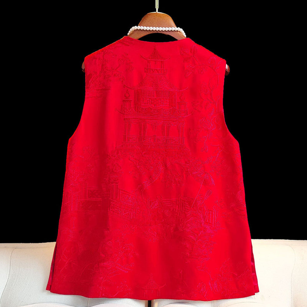 Red high end embroidery new Chinese style buttoned acetate vest vest women s retro improved round neck national style top jacket image 2