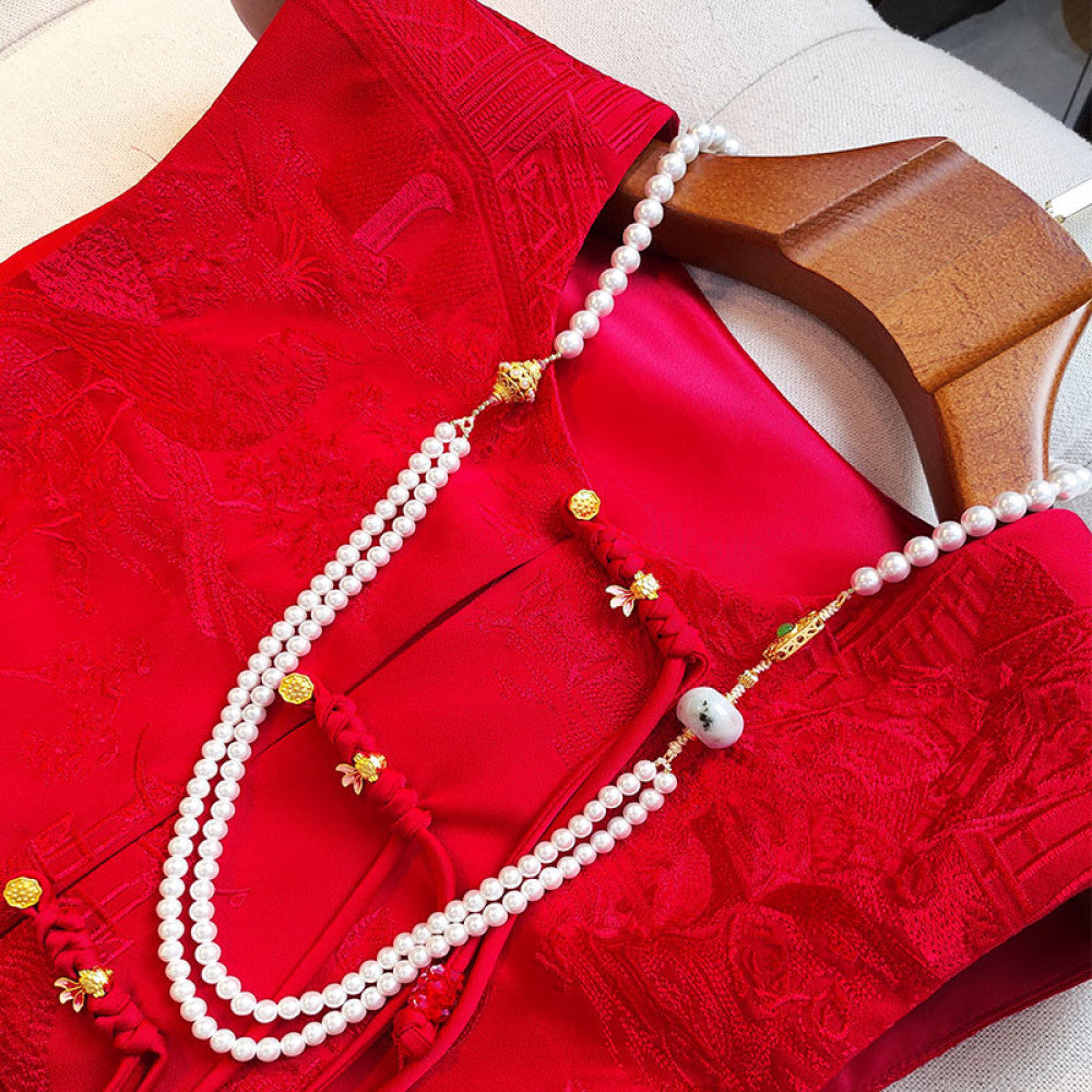 Red high end embroidery new Chinese style buttoned acetate vest vest women s retro improved round neck national style top jacket image 3